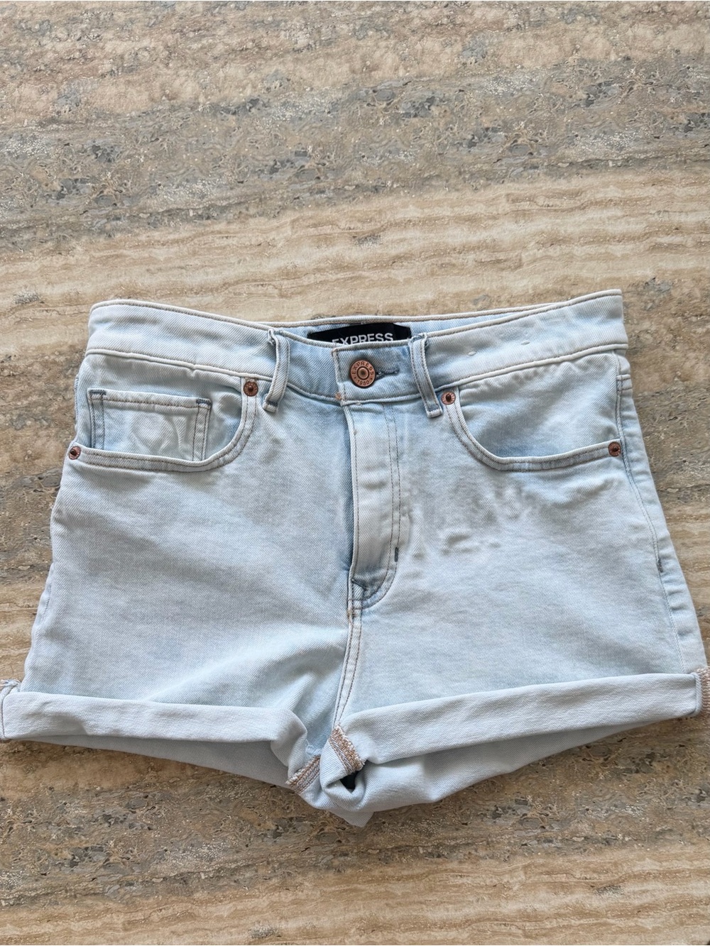 Express Midi High Waist Light Denim Rolled Cuff Denim Shorts 4